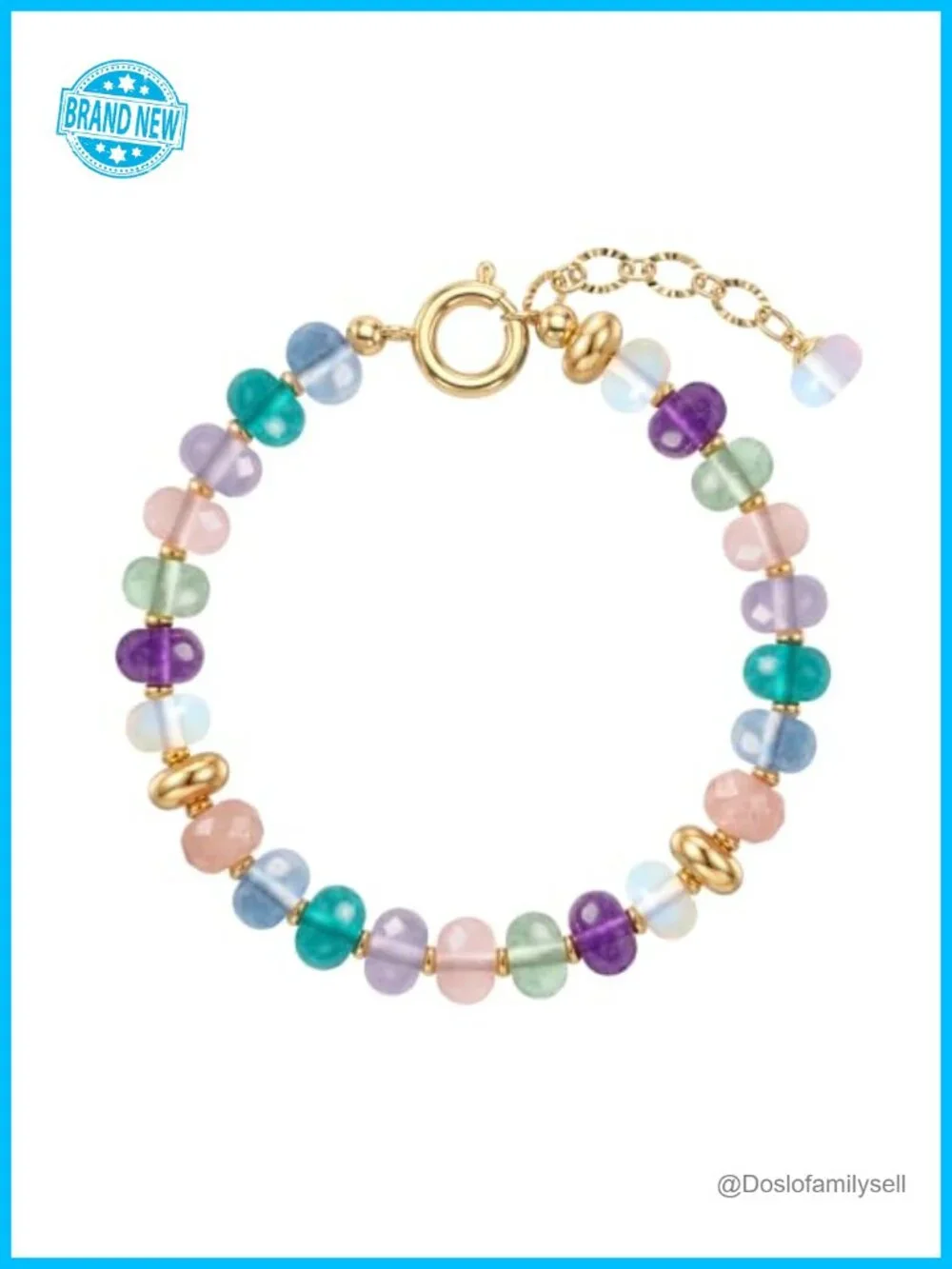 Natural Stone Beaded Bracelet, 14K Gold Plated Adjustable Stackable Bracelet
